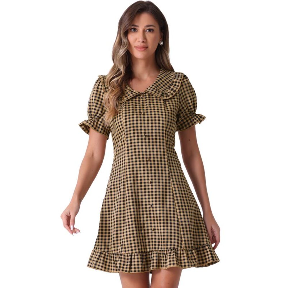 Gingham Print Ruffled Trim Puff Sleeve Peter Pan Collar Dress Dark Brown